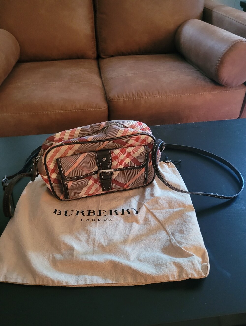 Burberry Blue Label Plaid Mini Crossbody in Tan, Red & Cream
